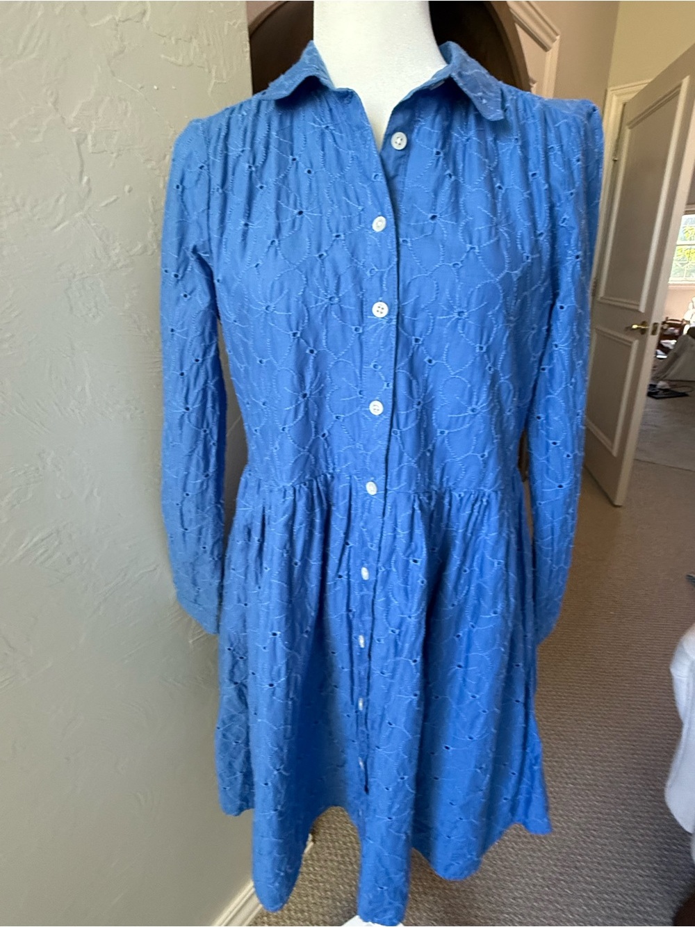 J.Crew Blue Floral Eyelet Embroidered Cotton Shirt Dress Size 4